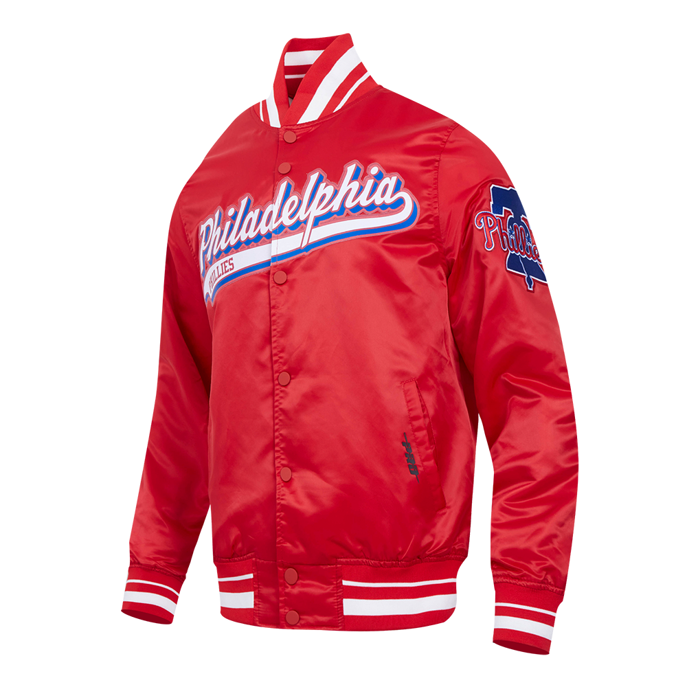 MLB PHILADELPHIA PHILLIES SCRIPT TAIL MEN'S SATIN JACKET (RED)