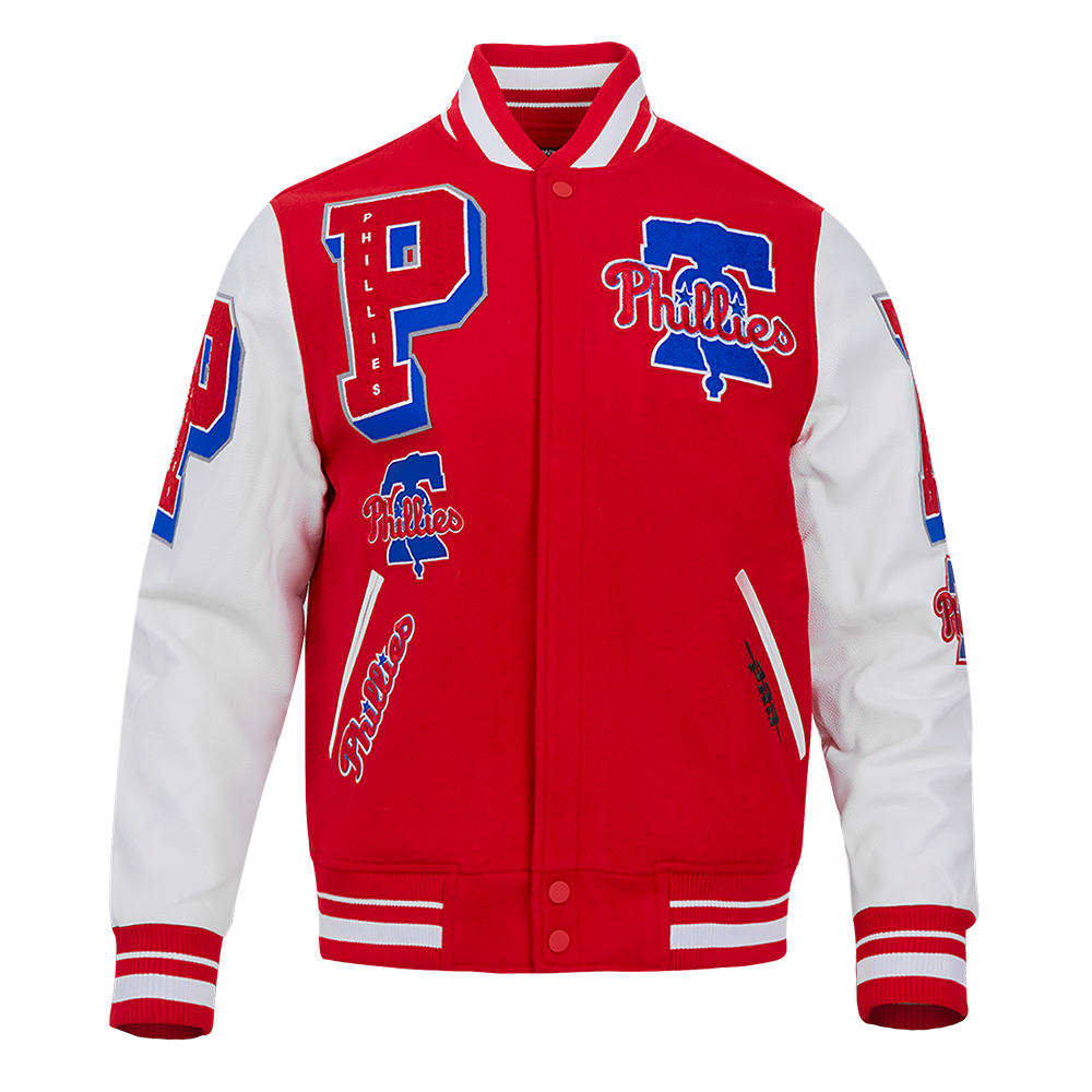 MLB PHILADELPHIA PHILLIES MASH UP MEN'S RIB WOOL VARSITY JACKET (RED/WHITE)