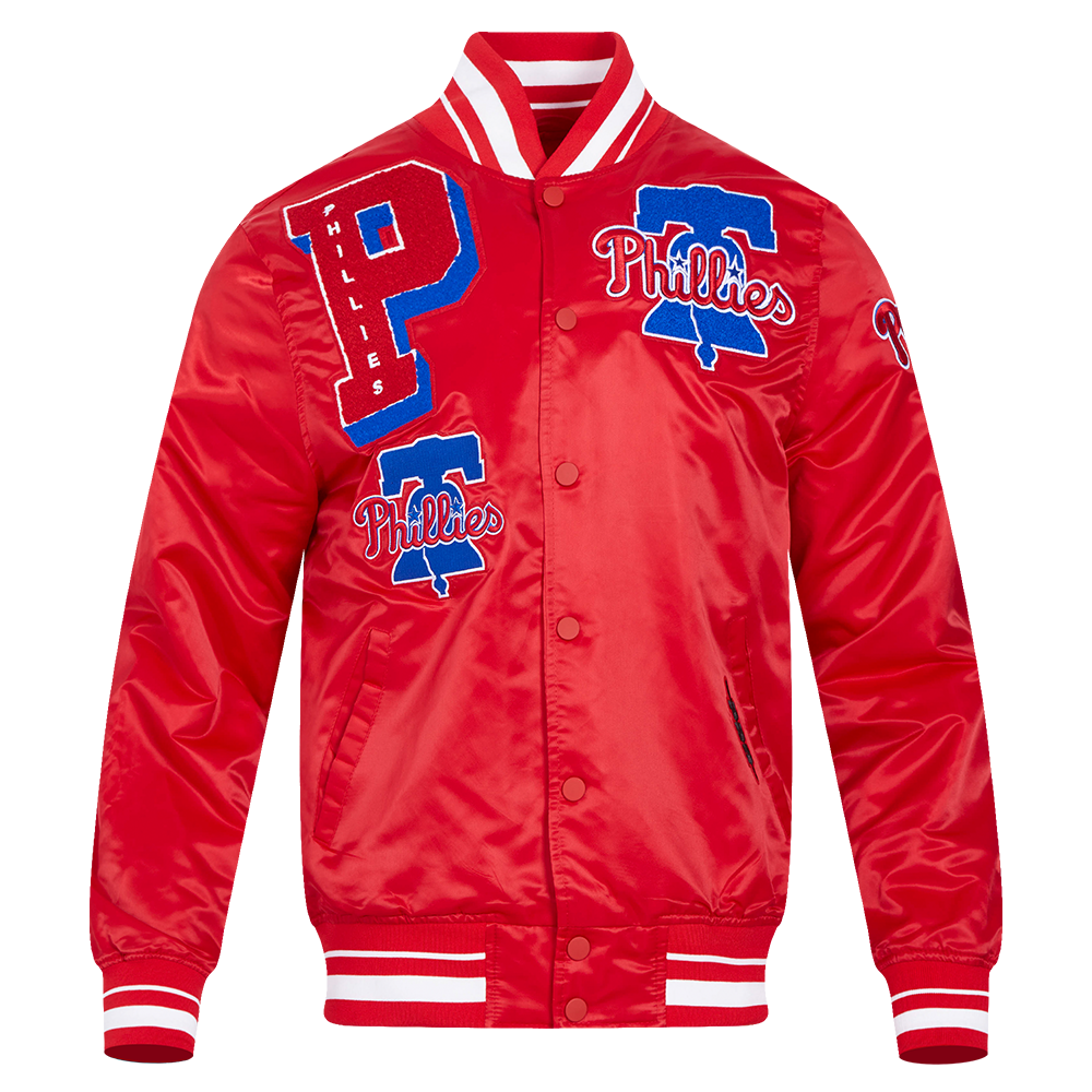 MLB PHILADELPHIA PHILLIES MASH UP BLOUSON EN SATIN À BORDS CÔTELÉS POUR HOMME (ROUGE)
