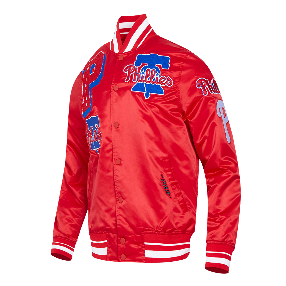 MLB PHILADELPHIA PHILLIES MASH UP BLOUSON EN SATIN À BORDS CÔTELÉS POUR HOMME (ROUGE)