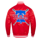 MLB PHILADELPHIA PHILLIES MASH UP BLOUSON EN SATIN À BORDS CÔTELÉS POUR HOMME (ROUGE)
