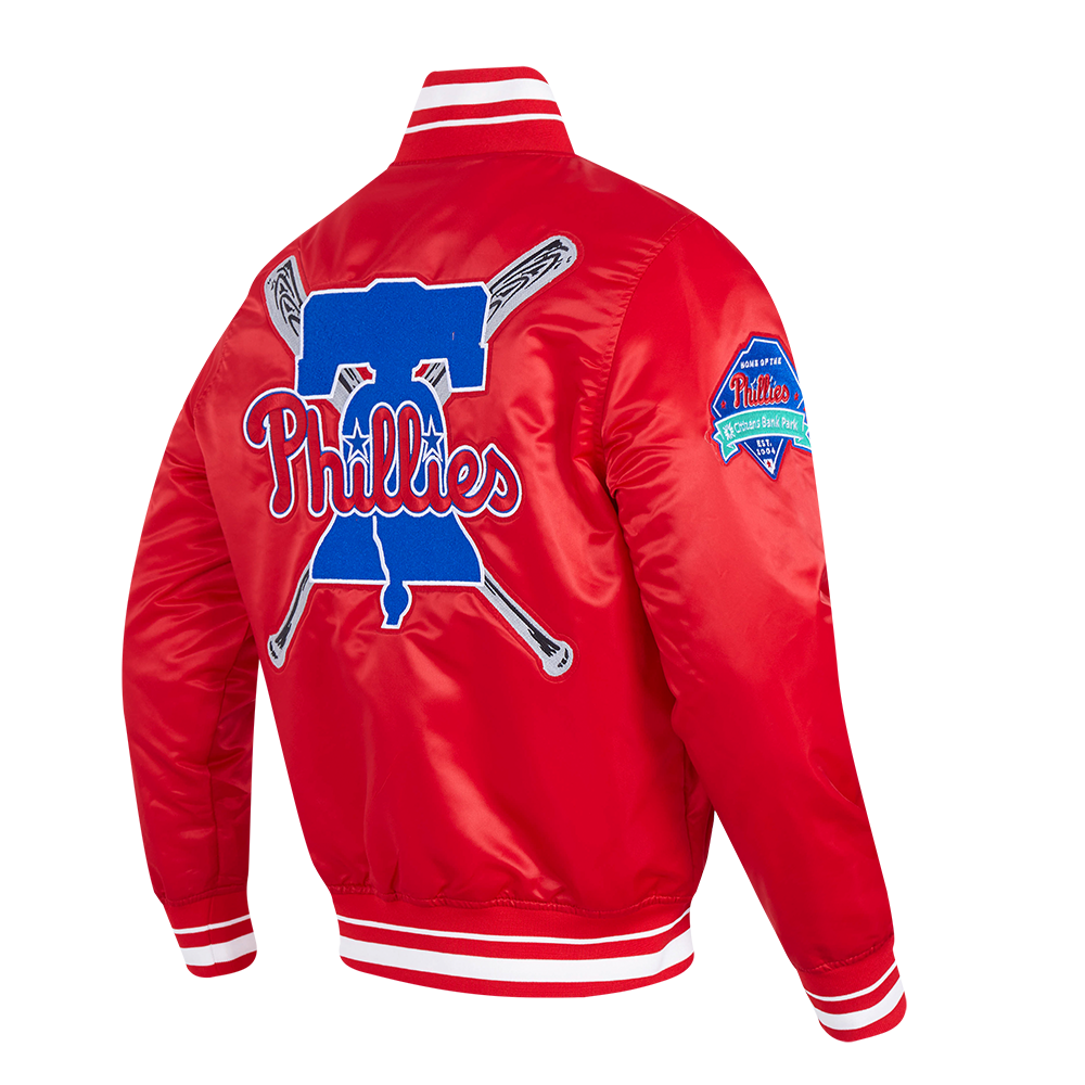MLB PHILADELPHIA PHILLIES MASH UP BLOUSON EN SATIN À BORDS CÔTELÉS POUR HOMME (ROUGE)