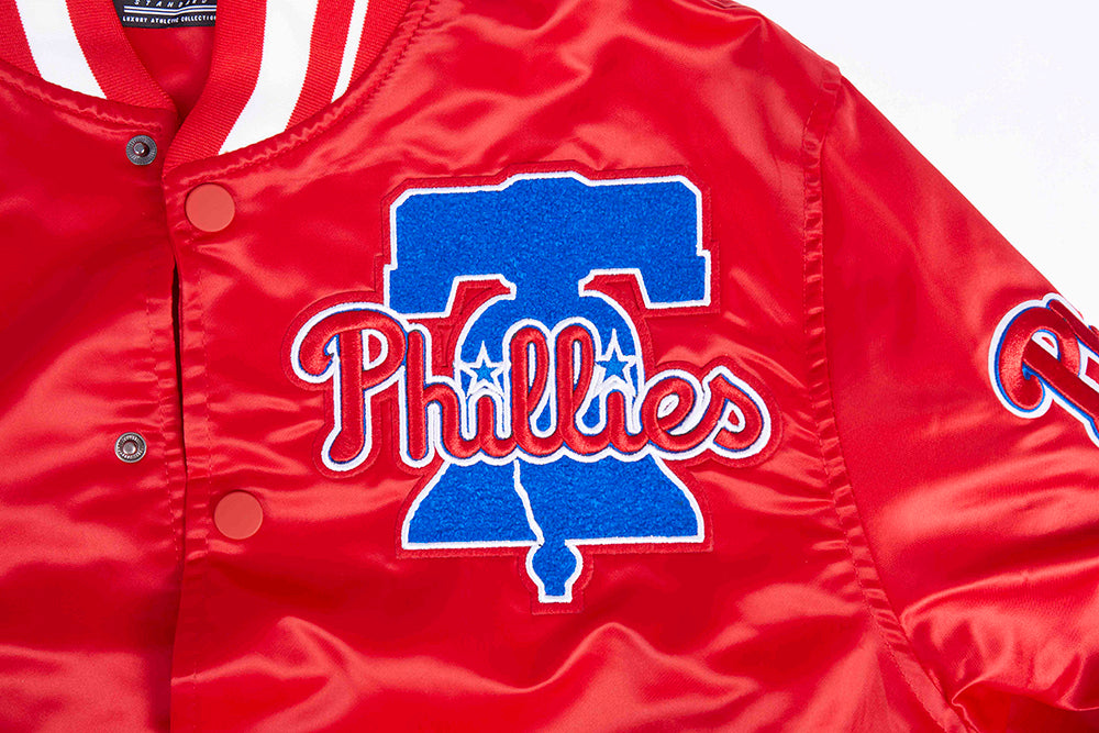 MLB PHILADELPHIA PHILLIES MASH UP BLOUSON EN SATIN À BORDS CÔTELÉS POUR HOMME (ROUGE)