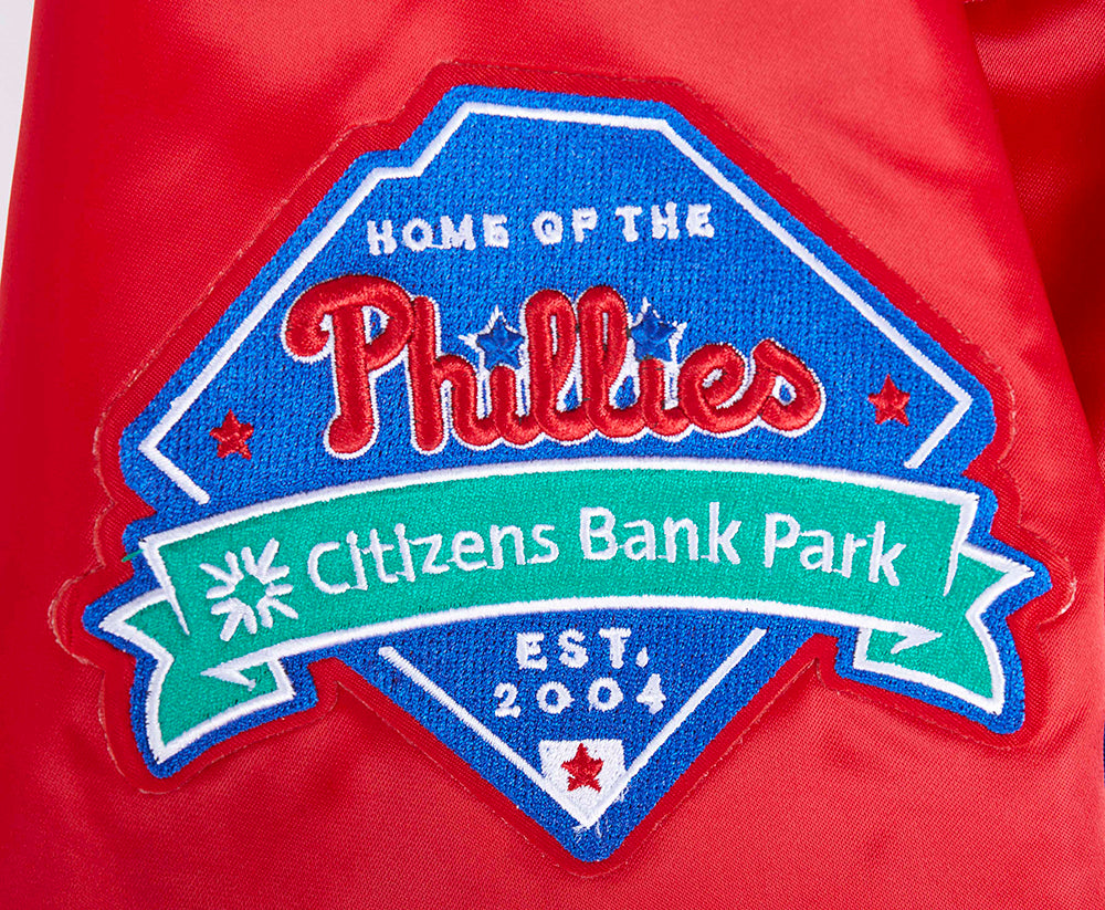 MLB PHILADELPHIA PHILLIES MASH UP BLOUSON EN SATIN À BORDS CÔTELÉS POUR HOMME (ROUGE)