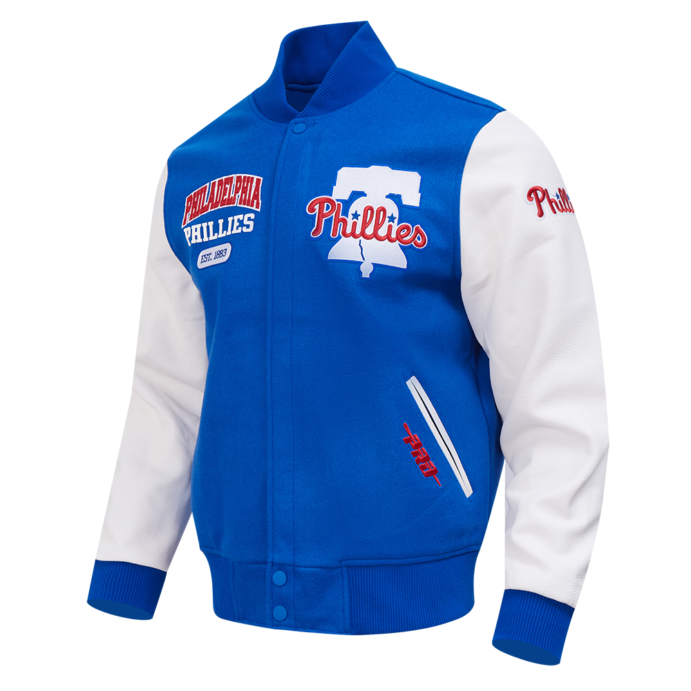 MLB PHILADELPHIA PHILLIES CITY ARCH MEN'S WOOL VARSITY JACKET (ROYAL BLUE/WHITE)