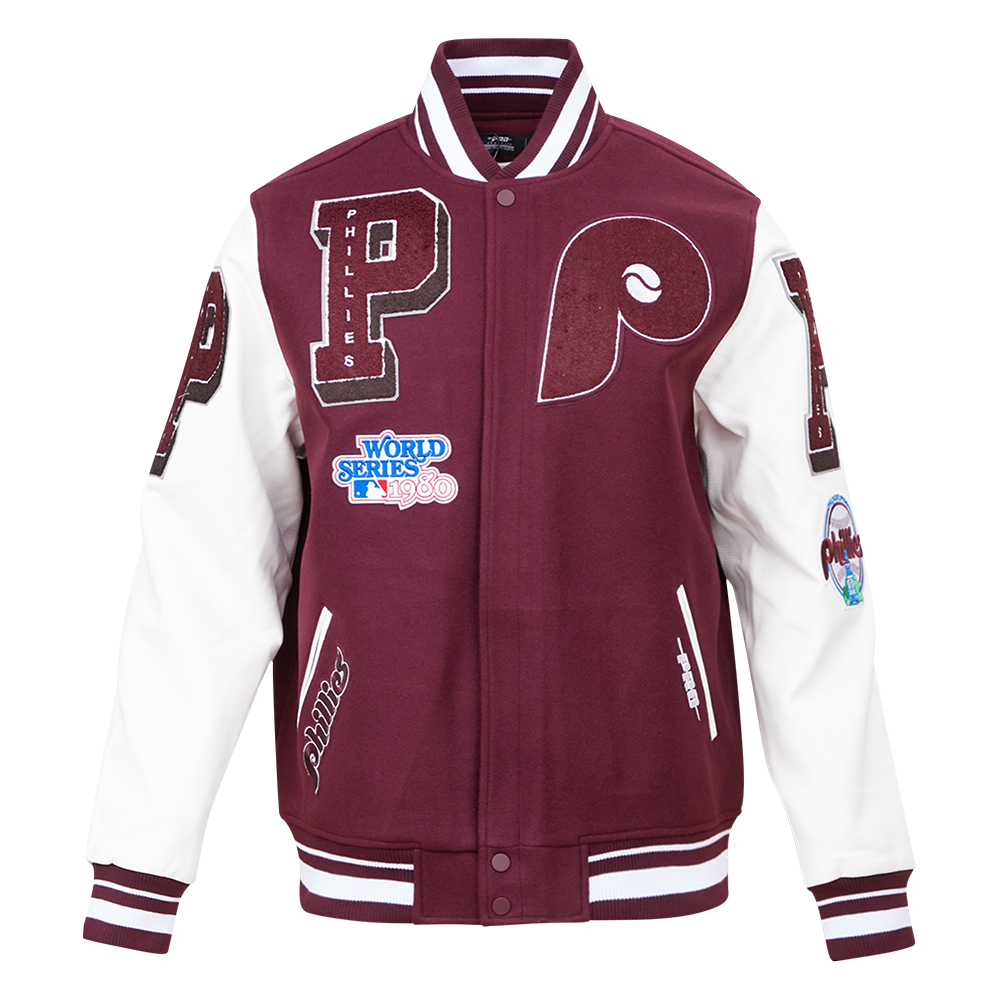 MLB PHILADELPHIA PHILLIES RETRO MASH UP MEN'S RIB WOOL VARSITY JACKET (WINE/WHITE)