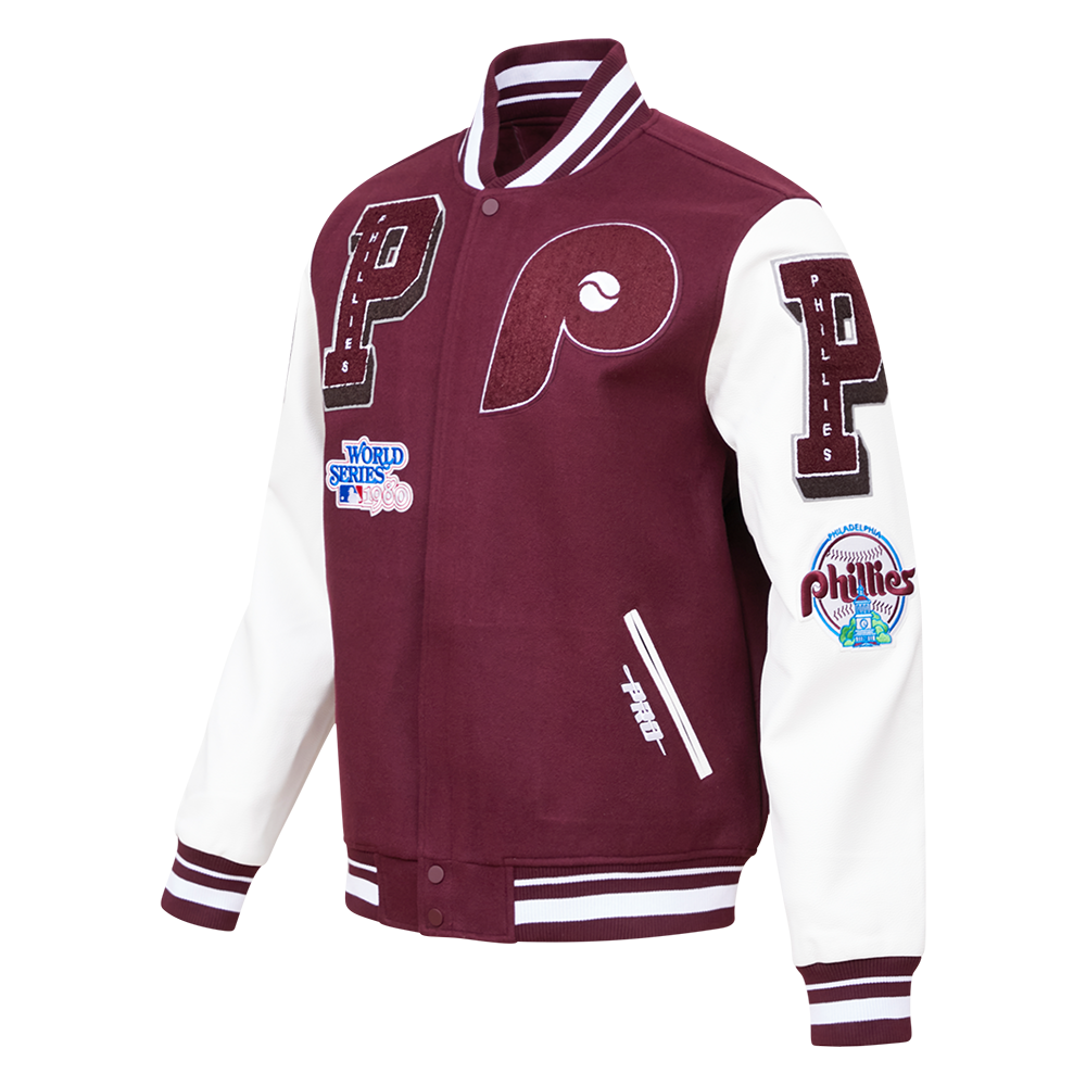 MLB PHILADELPHIA PHILLIES RETRO MASH UP MEN'S RIB WOOL VARSITY JACKET (WINE/WHITE)