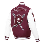 MLB PHILADELPHIA PHILLIES MASH UP VESTE UNIVERSITAIRE EN LAINE CÔTELÉE RÉTRO POUR HOMME (LIE-DE-VIN/BLANC)