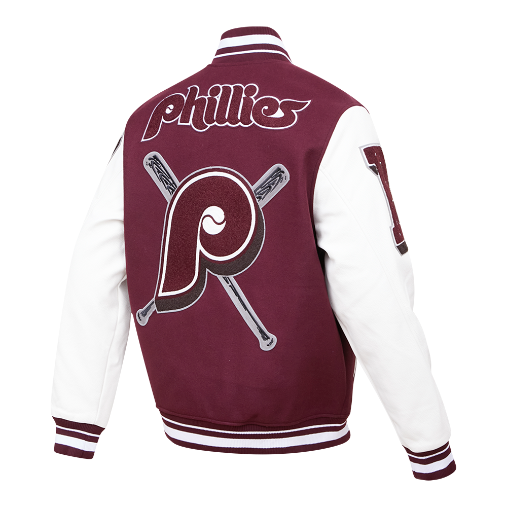 MLB PHILADELPHIA PHILLIES MASH UP VESTE UNIVERSITAIRE EN LAINE CÔTELÉE RÉTRO POUR HOMME (LIE-DE-VIN/BLANC)