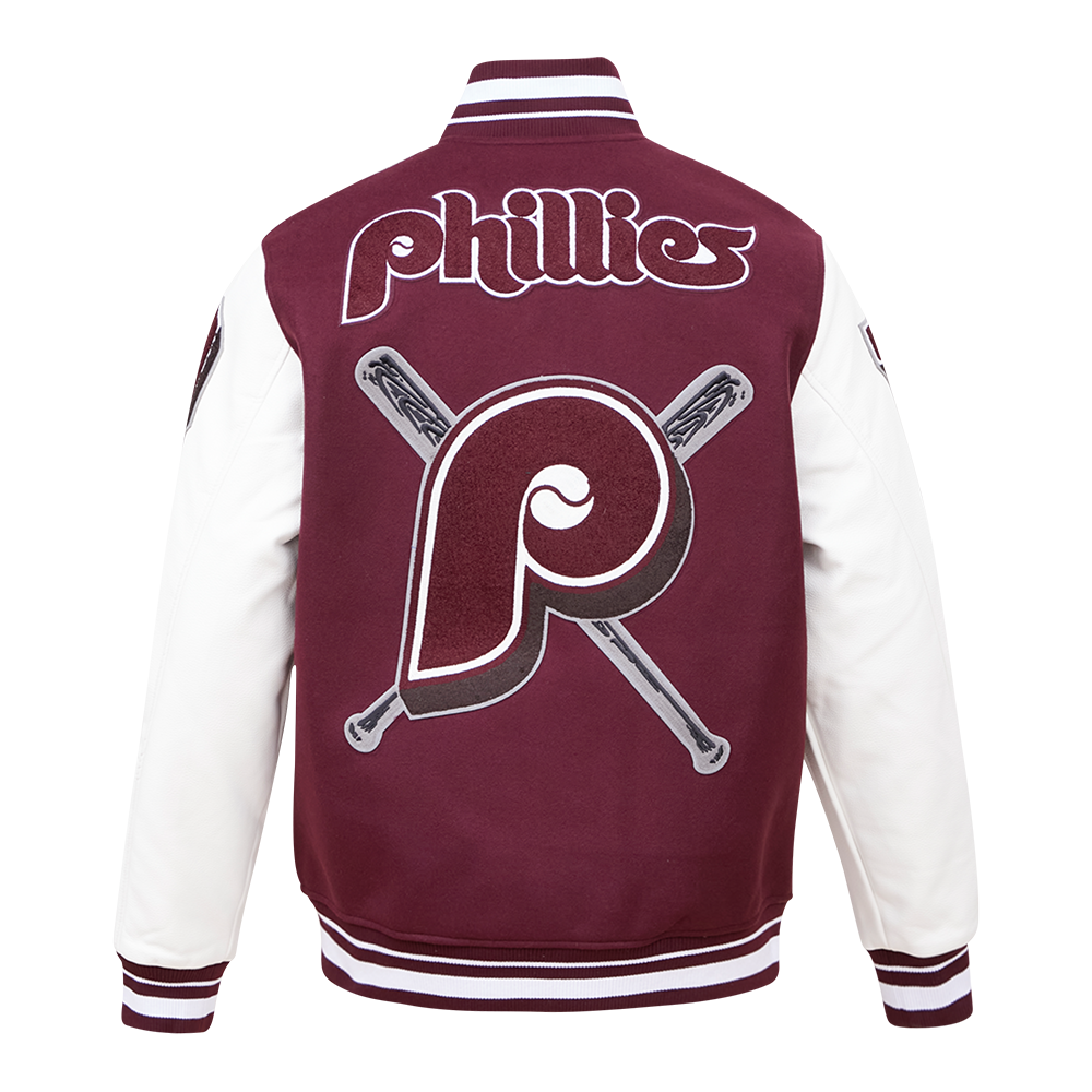 MLB PHILADELPHIA PHILLIES MASH UP VESTE UNIVERSITAIRE EN LAINE CÔTELÉE RÉTRO POUR HOMME (LIE-DE-VIN/BLANC)
