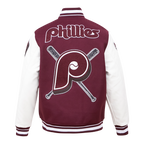 MLB PHILADELPHIA PHILLIES MASH UP VESTE UNIVERSITAIRE EN LAINE CÔTELÉE RÉTRO POUR HOMME (LIE-DE-VIN/BLANC)