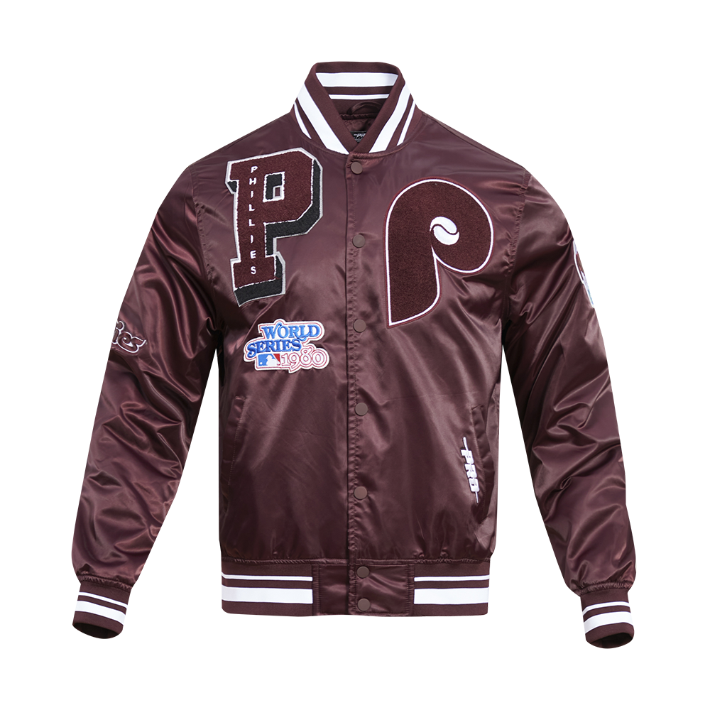 MLB PHILADELPHIA PHILLIES MASH UP BLOUSON RÉTRO EN SATIN À BORDS CÔTELÉS POUR HOMME (LIE-DE-VIN)