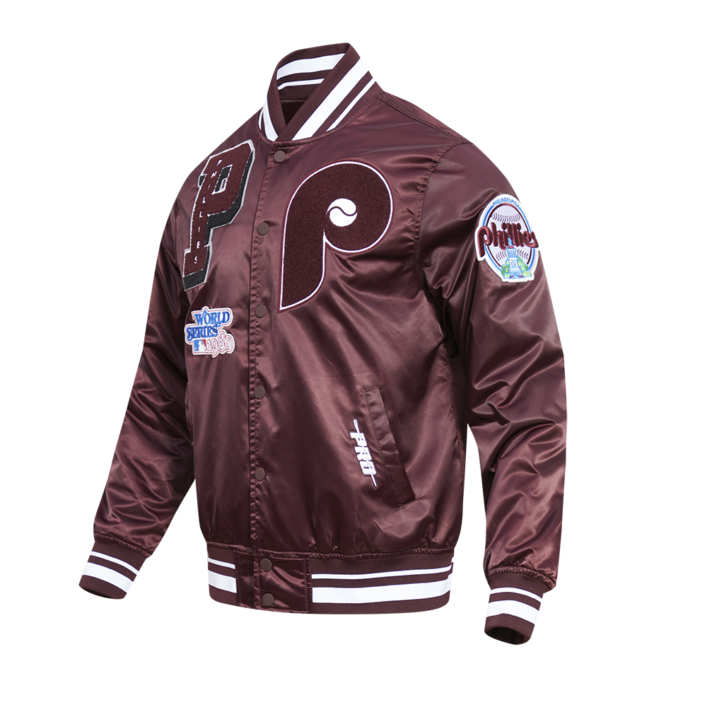 MLB PHILADELPHIA PHILLIES RETRO MASH UP MEN'S RIB SATIN JACKET (WINE)