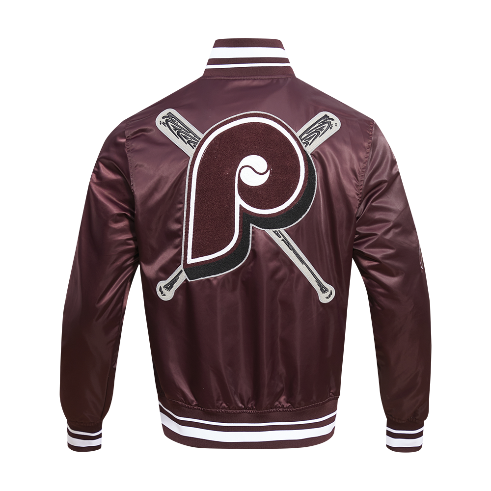 MLB PHILADELPHIA PHILLIES MASH UP BLOUSON RÉTRO EN SATIN À BORDS CÔTELÉS POUR HOMME (LIE-DE-VIN)