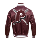 MLB PHILADELPHIA PHILLIES MASH UP BLOUSON RÉTRO EN SATIN À BORDS CÔTELÉS POUR HOMME (LIE-DE-VIN)