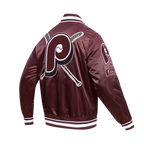 MLB PHILADELPHIA PHILLIES MASH UP BLOUSON RÉTRO EN SATIN À BORDS CÔTELÉS POUR HOMME (LIE-DE-VIN)