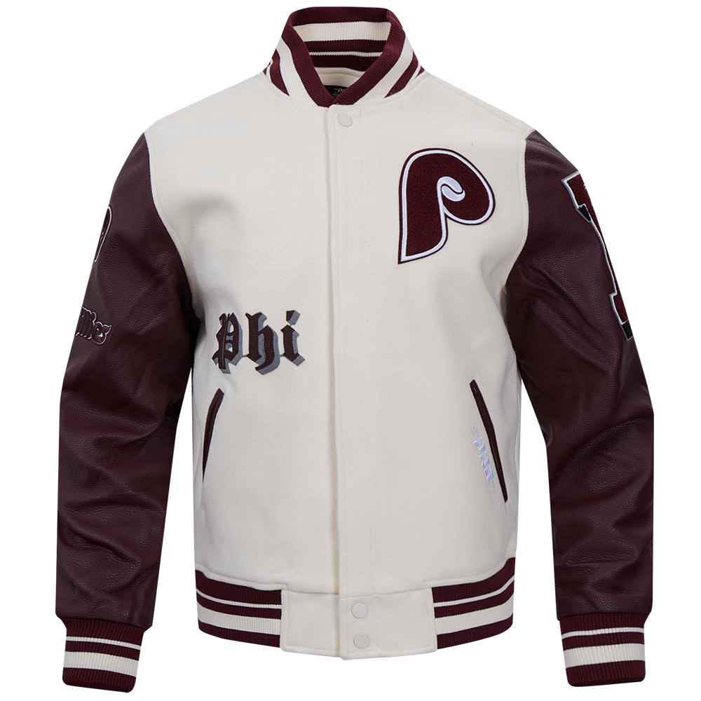 MLB PHILADELPHIA PHILLIES OLD ENGLISH BLOUSON COLLÉGIAL POUR HOMME (COQUILLE D'ŒUF/LIE-DE-VIN)