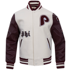 MLB PHILADELPHIA PHILLIES OLD ENGLISH BLOUSON COLLÉGIAL POUR HOMME (COQUILLE D'ŒUF/LIE-DE-VIN)