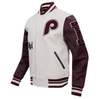 MLB PHILADELPHIA PHILLIES OLD ENGLISH BLOUSON COLLÉGIAL POUR HOMME (COQUILLE D'ŒUF/LIE-DE-VIN)