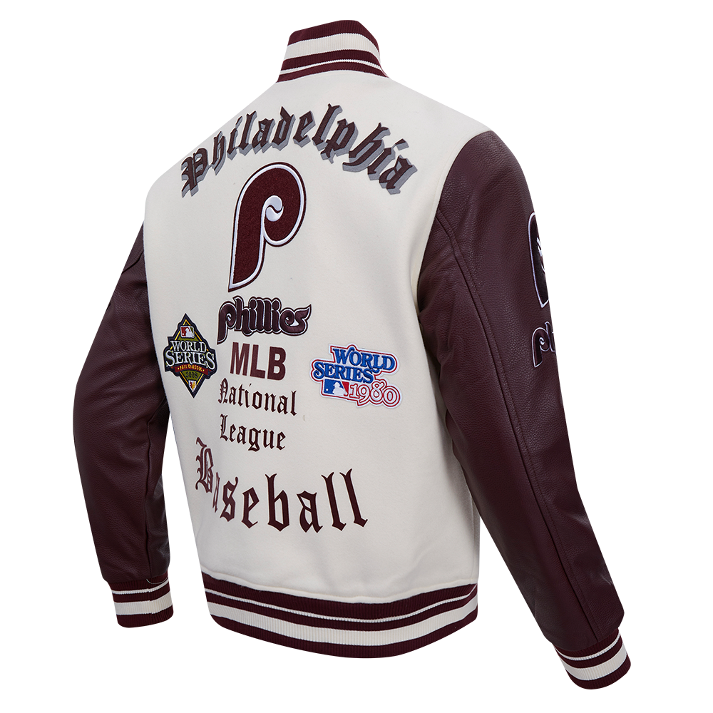 MLB PHILADELPHIA PHILLIES OLD ENGLISH BLOUSON COLLÉGIAL POUR HOMME (COQUILLE D'ŒUF/LIE-DE-VIN)