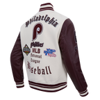 MLB PHILADELPHIA PHILLIES OLD ENGLISH BLOUSON COLLÉGIAL POUR HOMME (COQUILLE D'ŒUF/LIE-DE-VIN)