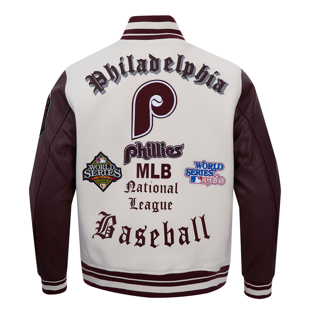 MLB PHILADELPHIA PHILLIES OLD ENGLISH BLOUSON COLLÉGIAL POUR HOMME (COQUILLE D'ŒUF/LIE-DE-VIN)