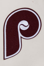 MLB PHILADELPHIA PHILLIES OLD ENGLISH BLOUSON COLLÉGIAL POUR HOMME (COQUILLE D'ŒUF/LIE-DE-VIN)