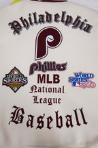 MLB PHILADELPHIA PHILLIES OLD ENGLISH BLOUSON COLLÉGIAL POUR HOMME (COQUILLE D'ŒUF/LIE-DE-VIN)