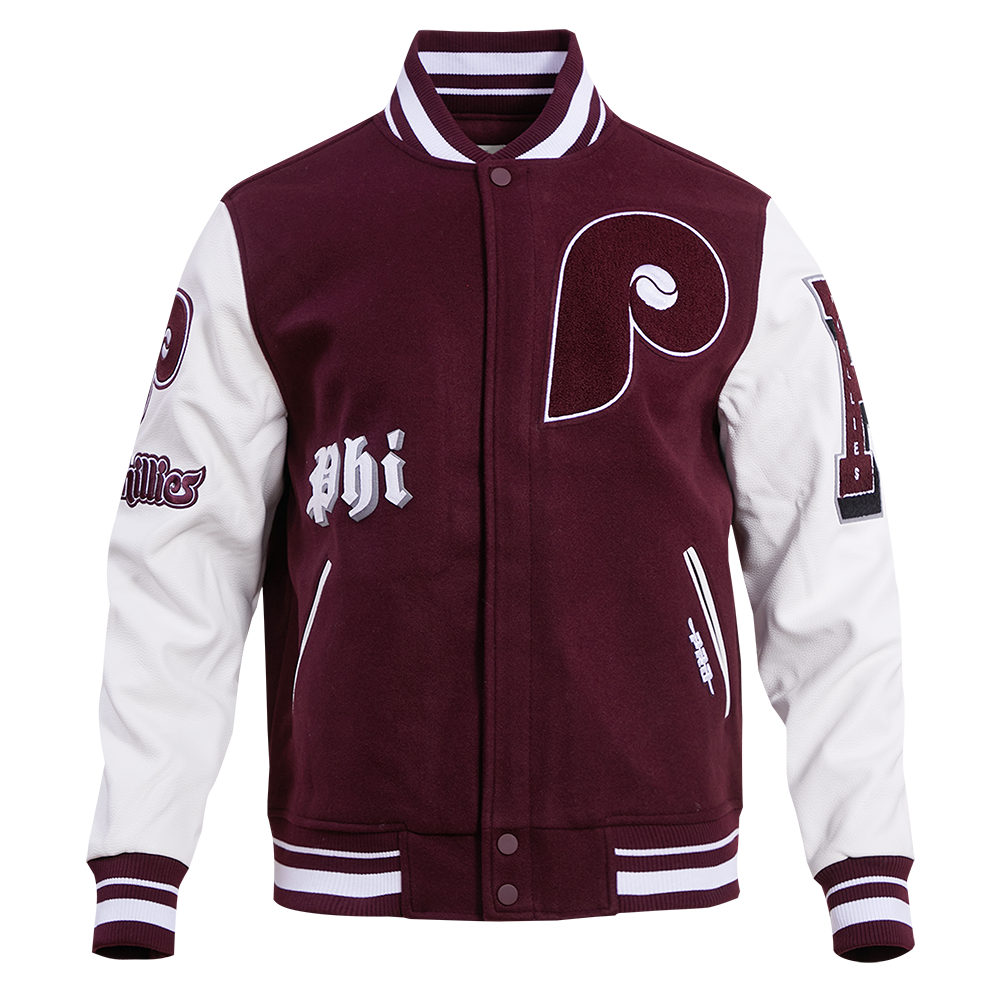 MLB PHILADELPHIA PHILLIES OLD ENGLISH BLOUSON COLLÉGIAL EN LAINE POUR HOMME (LIE-DE-VIN/BLANC)