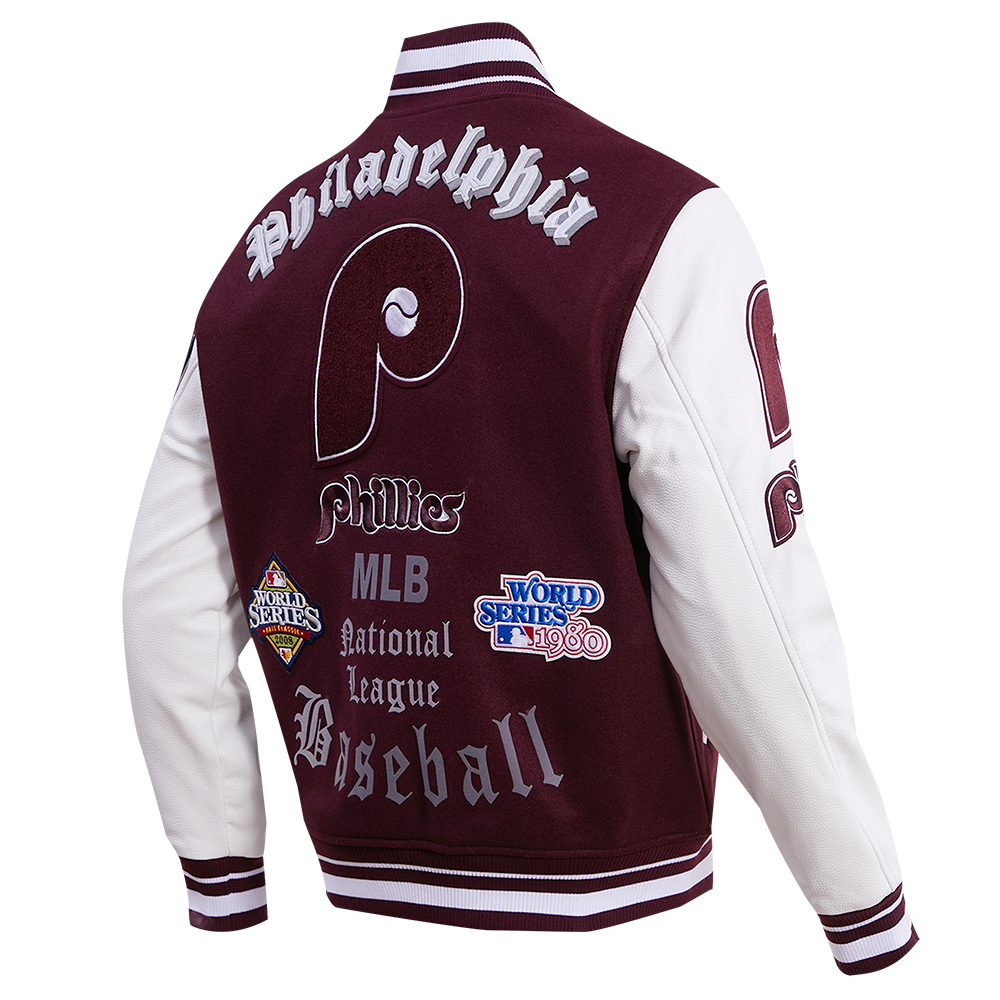 MLB PHILADELPHIA PHILLIES OLD ENGLISH BLOUSON COLLÉGIAL EN LAINE POUR HOMME (LIE-DE-VIN/BLANC)