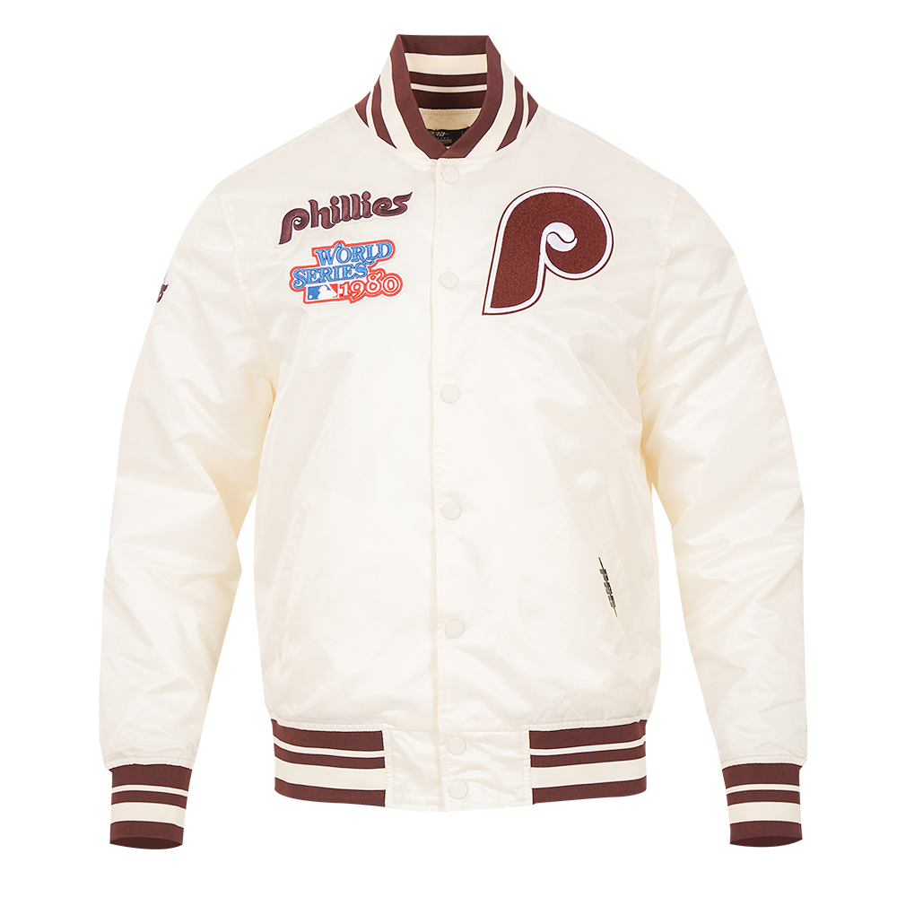 MLB PHILADELPHIA PHILLIES RETRO CLASSIC MEN'S RIB SATIN JACKET (EGGSHELL/WINE)