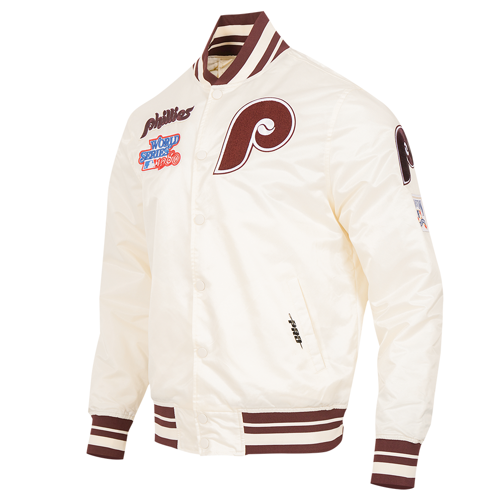 MLB PHILADELPHIA PHILLIES RETRO CLASSIC MEN'S RIB SATIN JACKET (EGGSHELL/WINE)