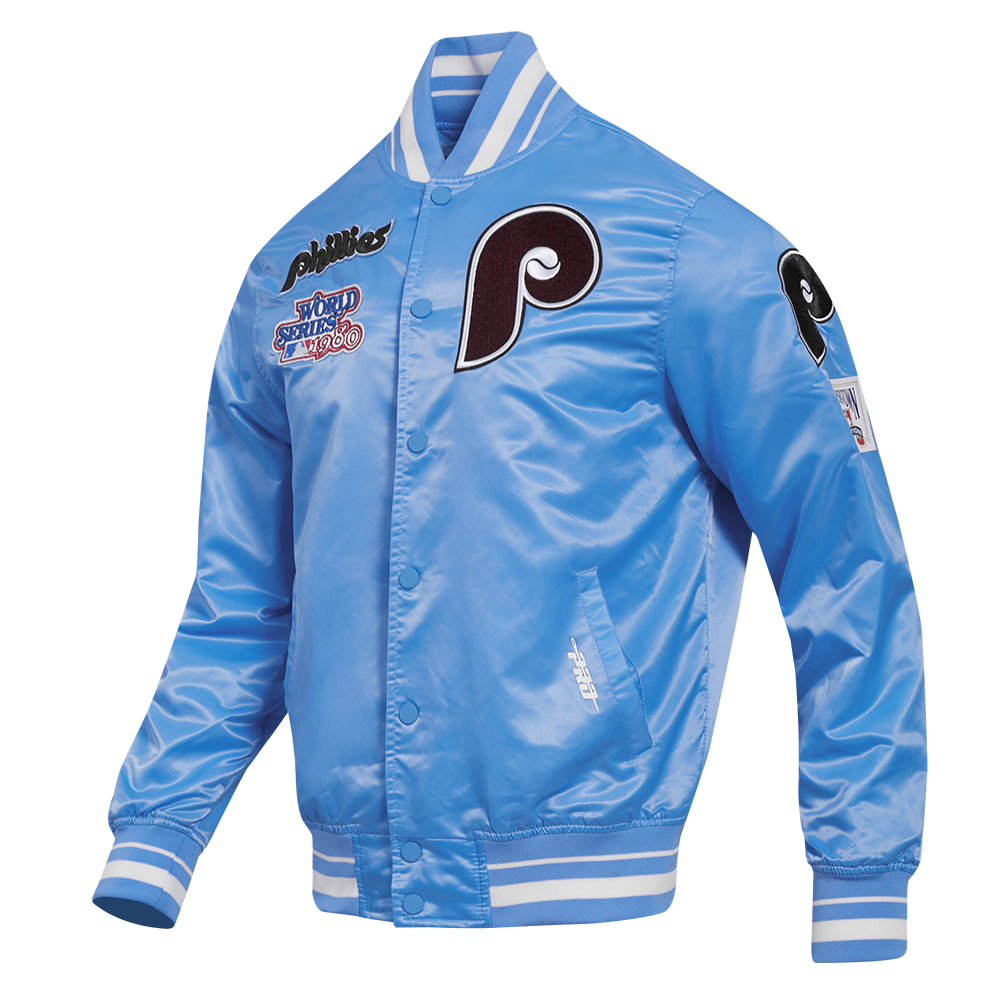 MLB PHILADELPHIA PHILLIES RETRO CLASSIC MEN'S RIB SATIN JACKET (UNIVERSITY BLUE)