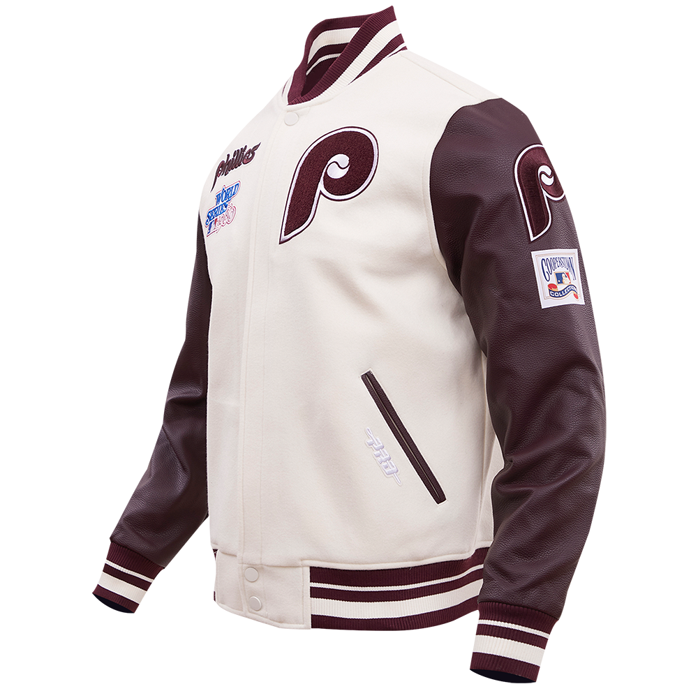 MLB PHILADELPHIA PHILLIES RETRO CLASSIC MEN'S RIB WOOL VARSITY JACKET (EGGSHELL/WINE)