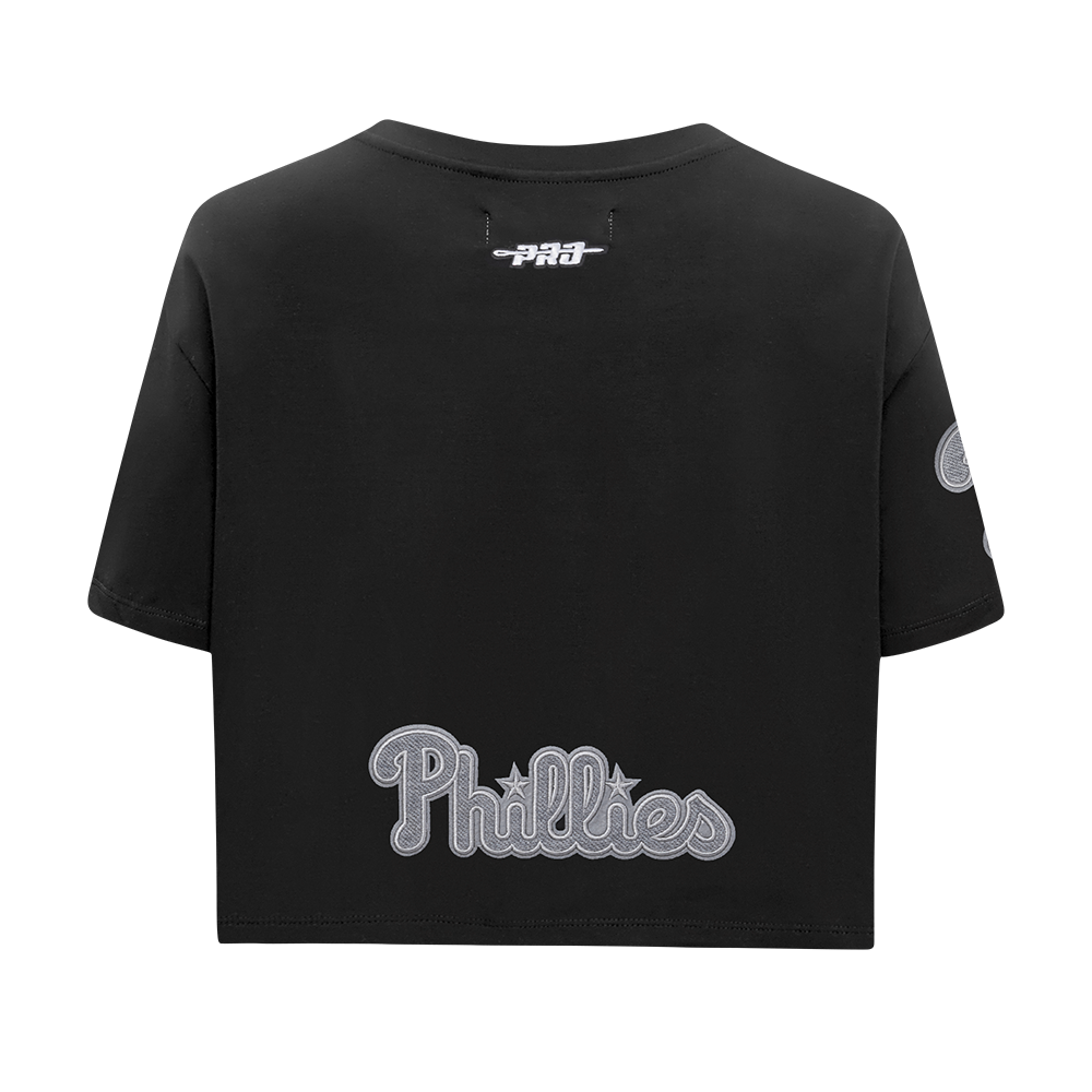 MLB PHILADELPHIA PHILLIES REVERSE FRENCH TERRY HAUT EN JERSEY SIMPLE À COUPE CARRÉE POUR FEMME (NOIR)