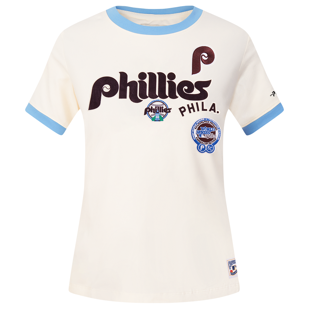 MLB PHILADELPHIA PHILLIES RETRO CASCADE HAUT À BORDURES CONTRASTANTES POUR FEMME (COQUILLE D'ŒUF/BLEU UNIVERSITÉ)