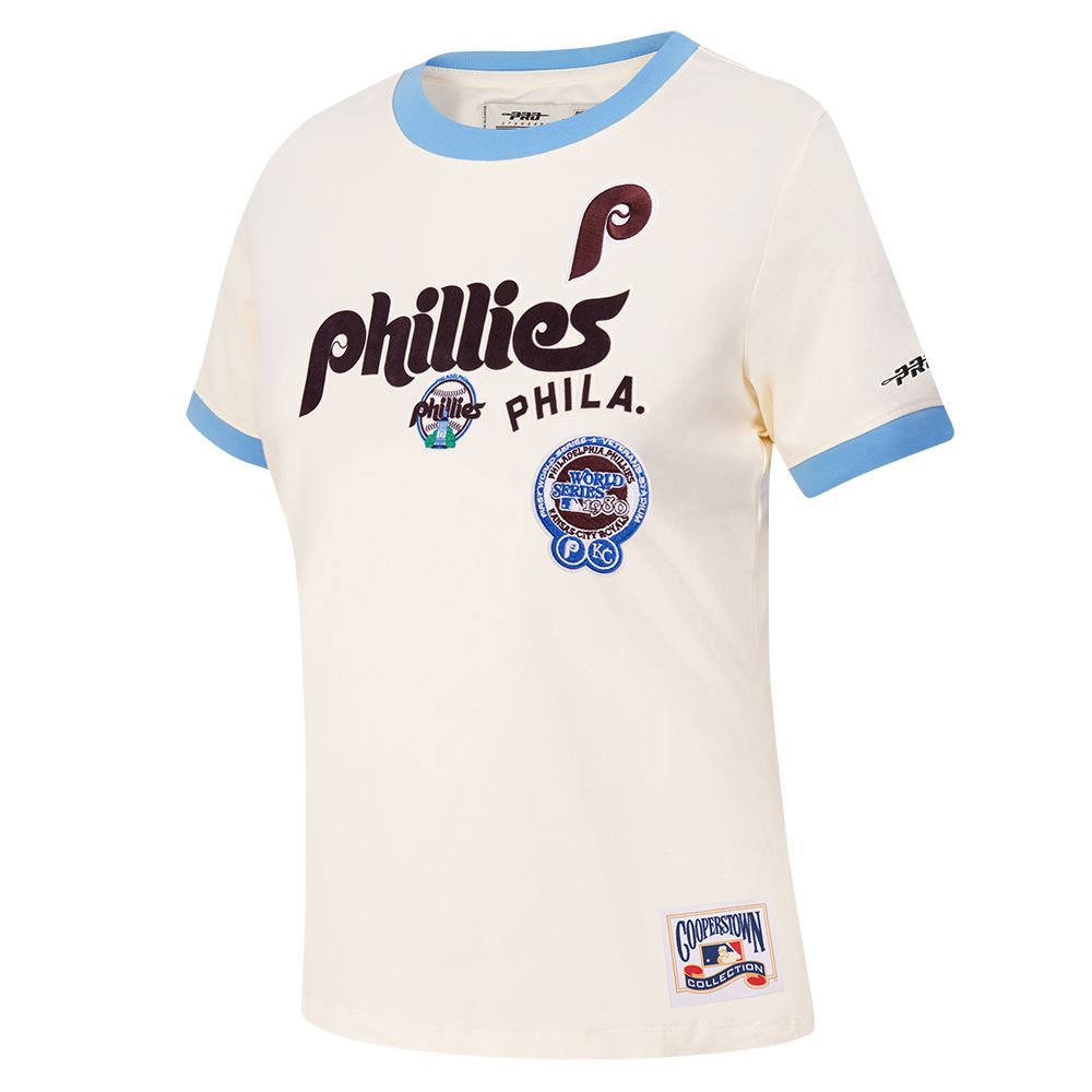 MLB PHILADELPHIA PHILLIES RETRO CASCADE WOMEN'S RINGER TOP (EGGSHELL/ UNIVERSITY BLUE)