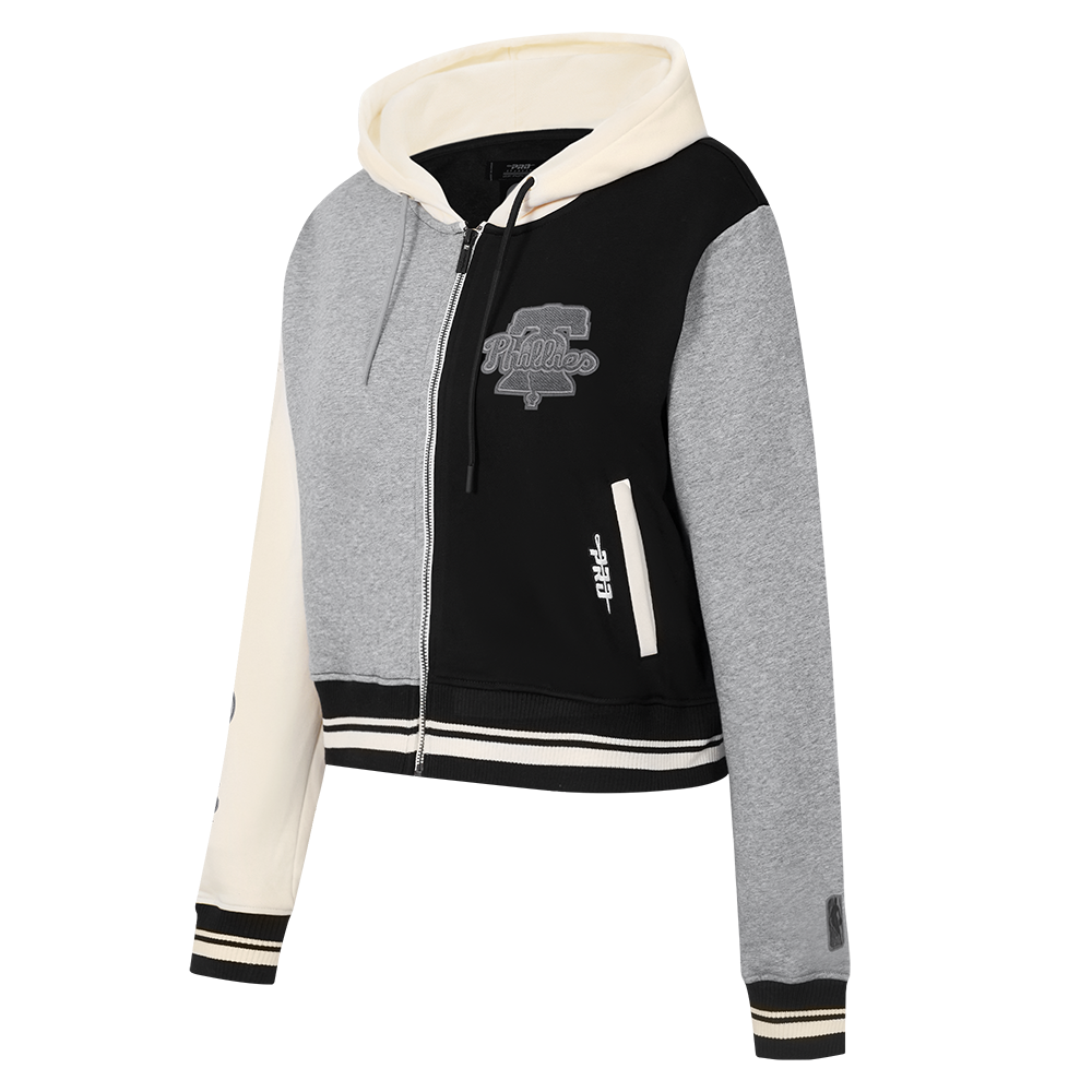 MLB PHILADELPHIA PHILLIES REVERSE FRENCH TERRY WOMEN'S COLOR BLOCK FLEECE FULL ZIP HOODIE (BLACK/GRAY/EGGSHELL)