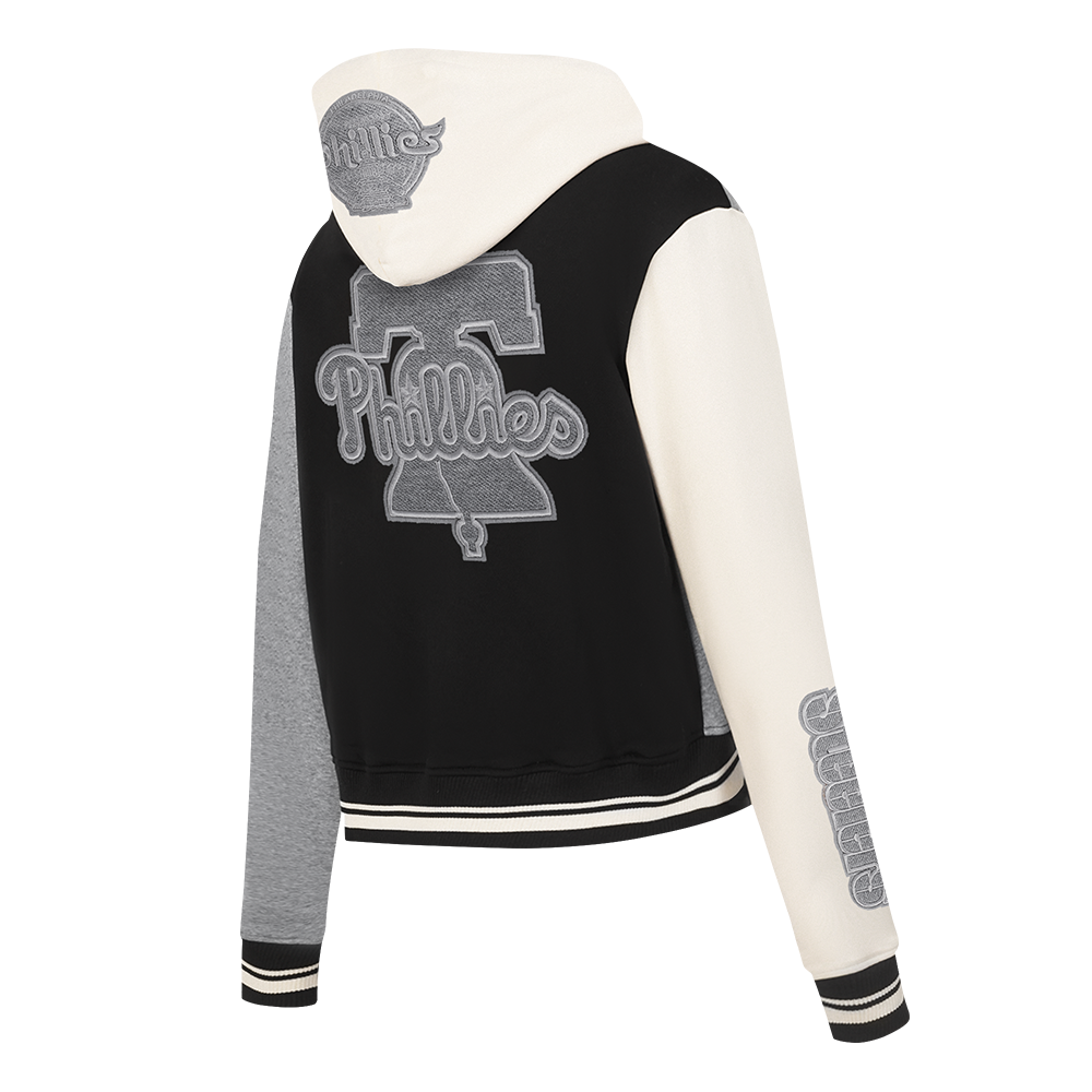 MLB PHILADELPHIA PHILLIES REVERSE FRENCH TERRY WOMEN'S COLOR BLOCK FLEECE FULL ZIP HOODIE (BLACK/GRAY/EGGSHELL)