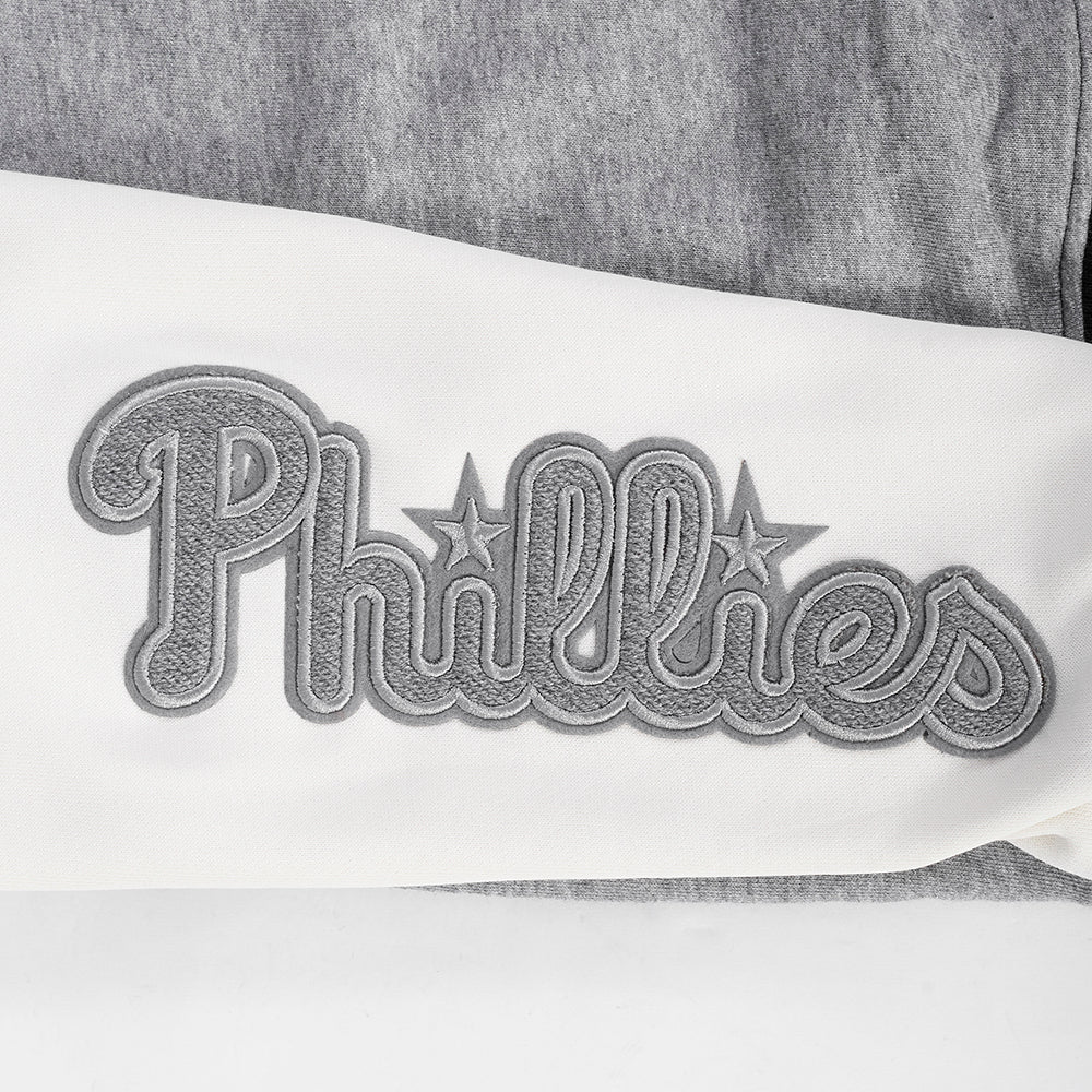 MLB PHILADELPHIA PHILLIES REVERSE FRENCH TERRY WOMEN'S COLOR BLOCK FLEECE FULL ZIP HOODIE (BLACK/GRAY/EGGSHELL)