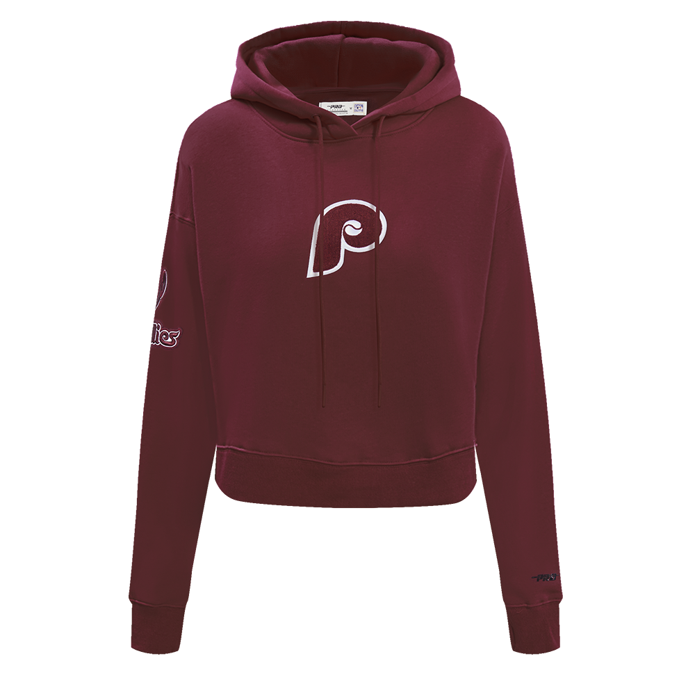 MLB PHILADELPHIA PHILLIES RETRO CLASSIC WOMEN'S CROPPED PULLOVER HOODIE (WINE)