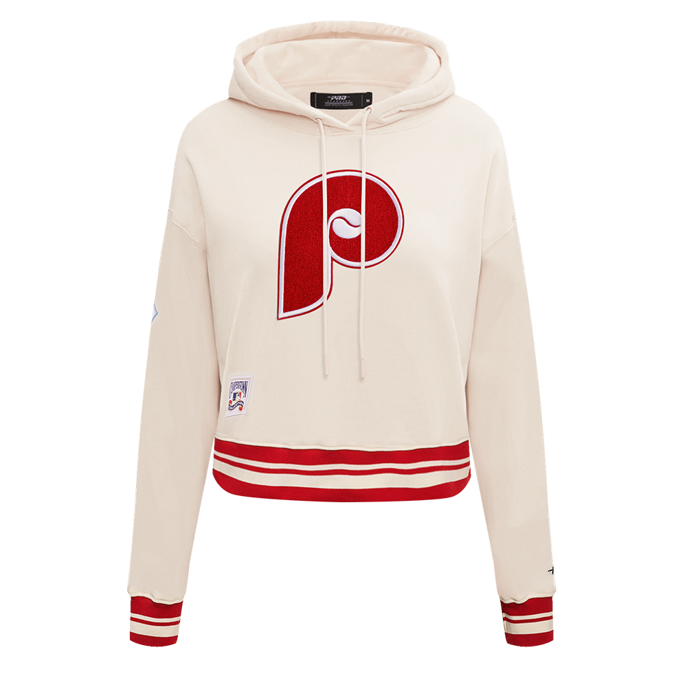 MLB PHILADELPHIA PHILLIES RETRO CLASSIC WOMEN'S CROPPED PULLOVER HOODIE (EGGSHELL/ RED)