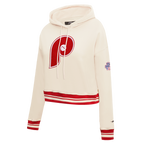 MLB PHILADELPHIA PHILLIES RETRO CLASSIC WOMEN'S CROPPED PULLOVER HOODIE (EGGSHELL/ RED)