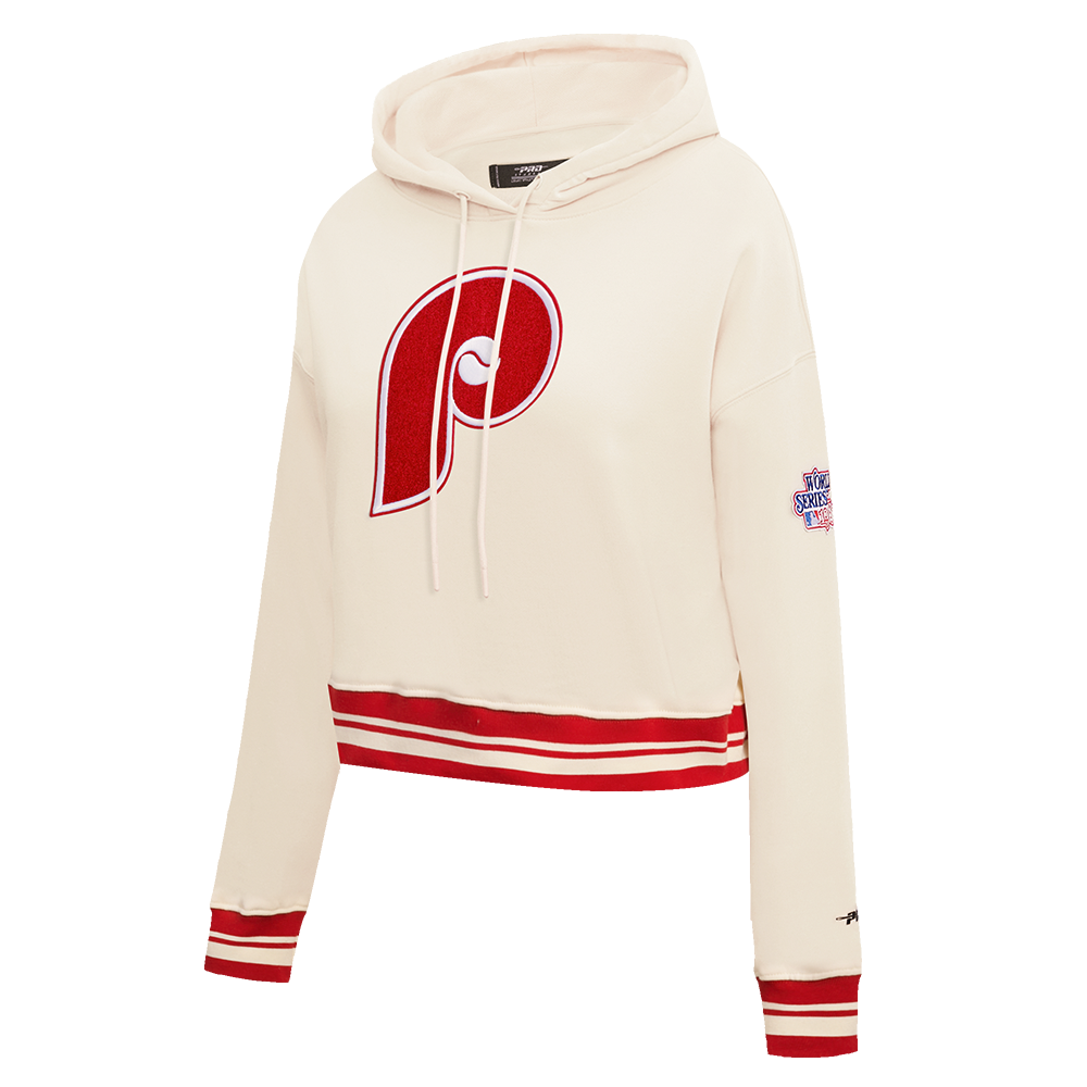 MLB PHILADELPHIA PHILLIES RETRO CLASSIC WOMEN'S CROPPED PULLOVER HOODIE (EGGSHELL/ RED)