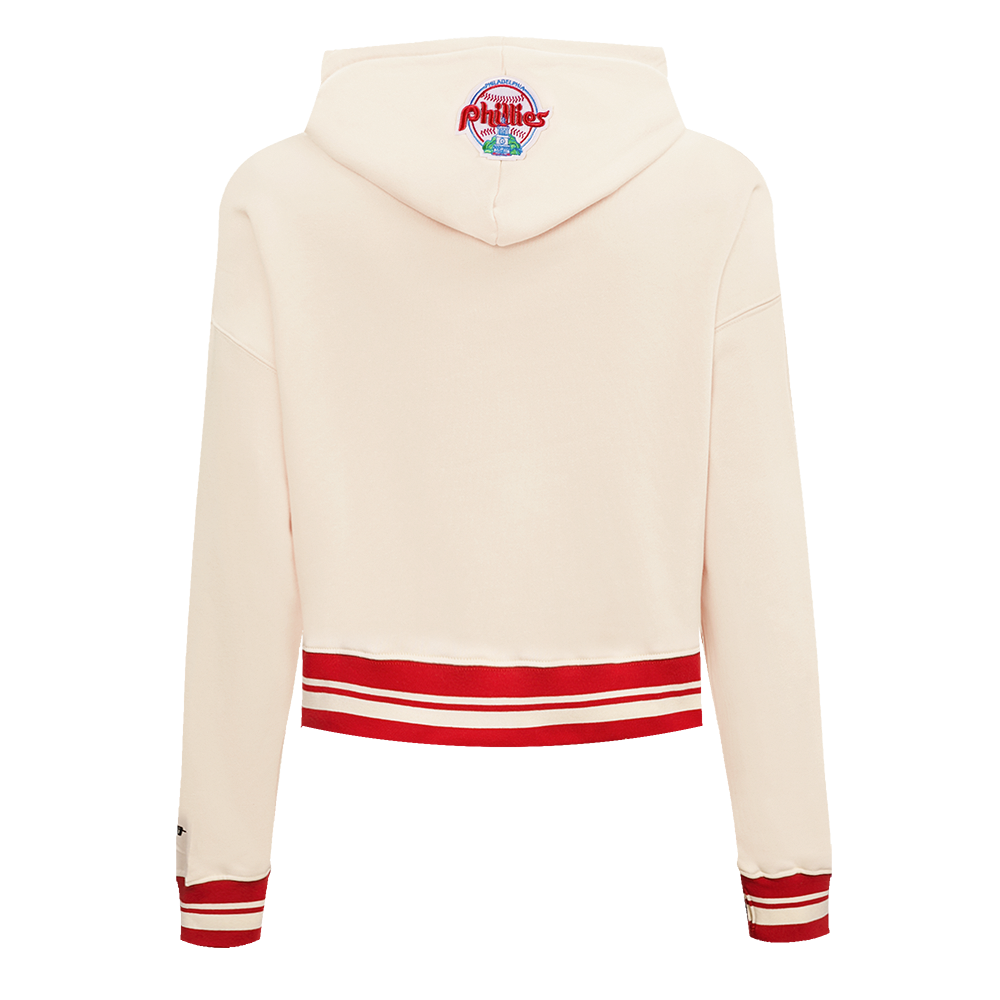 MLB PHILADELPHIA PHILLIES RETRO CLASSIC WOMEN'S CROPPED PULLOVER HOODIE (EGGSHELL/ RED)