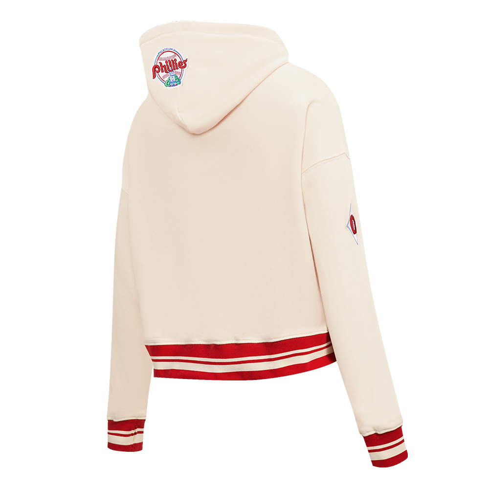 MLB PHILADELPHIA PHILLIES RETRO CLASSIC WOMEN'S CROPPED PULLOVER HOODIE (EGGSHELL/ RED)