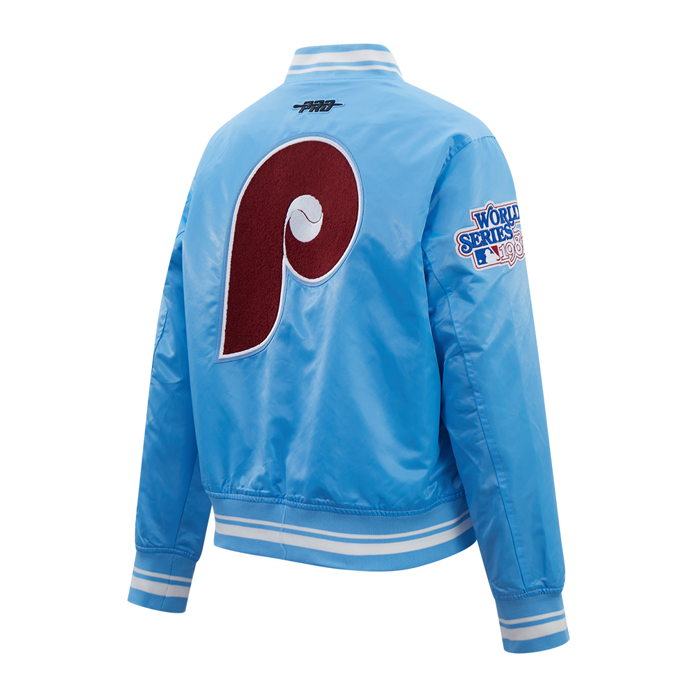 MLB PHILADELPHIA PHILLIES RETRO CLASSIC WOMEN'S RIB SATIN JACKET (UNIVERSITY BLUE)