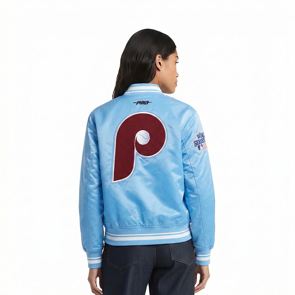 MLB PHILADELPHIA PHILLIES RETRO CLASSIC WOMEN'S RIB SATIN JACKET (UNIVERSITY BLUE)
