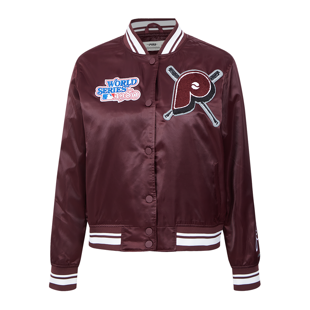 MLB PHILADELPHIA PHILLIES MASH UP BLOUSON RÉTRO EN SATIN À BORDS CÔTELÉS POUR FEMME (LIE-DE-VIN)