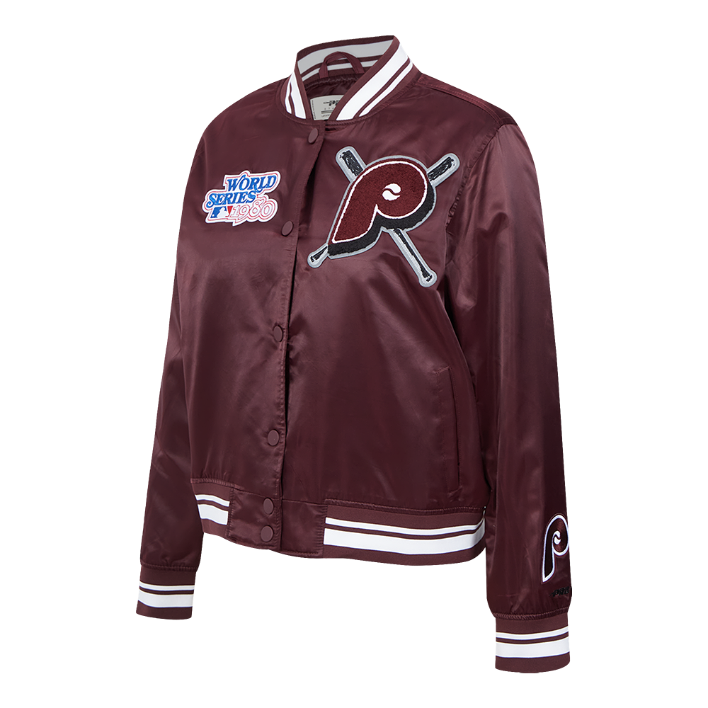 MLB PHILADELPHIA PHILLIES MASH UP BLOUSON RÉTRO EN SATIN À BORDS CÔTELÉS POUR FEMME (LIE-DE-VIN)
